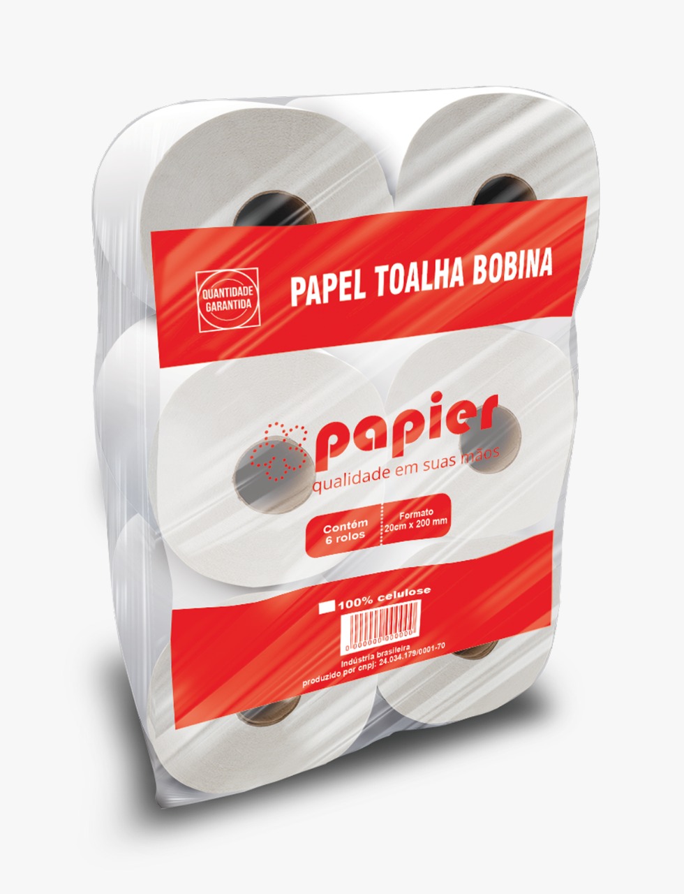 Papel Toalha Bobina 100% Celulose PAPIER 20/22g 6 rolos 20 x 200m