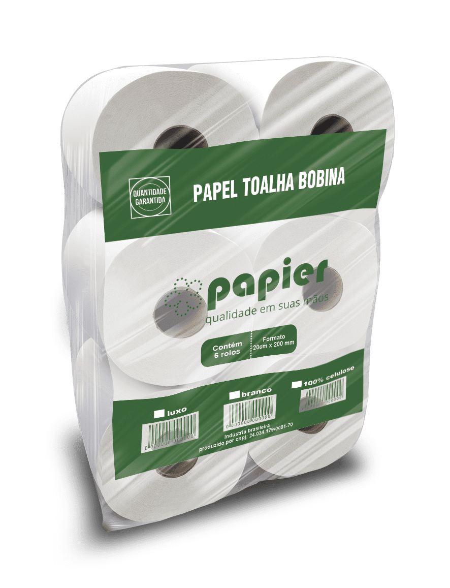 Papel Toalha Bobina 100% Celulose PAPIER 28/30g 6 rolos 20 x 200m